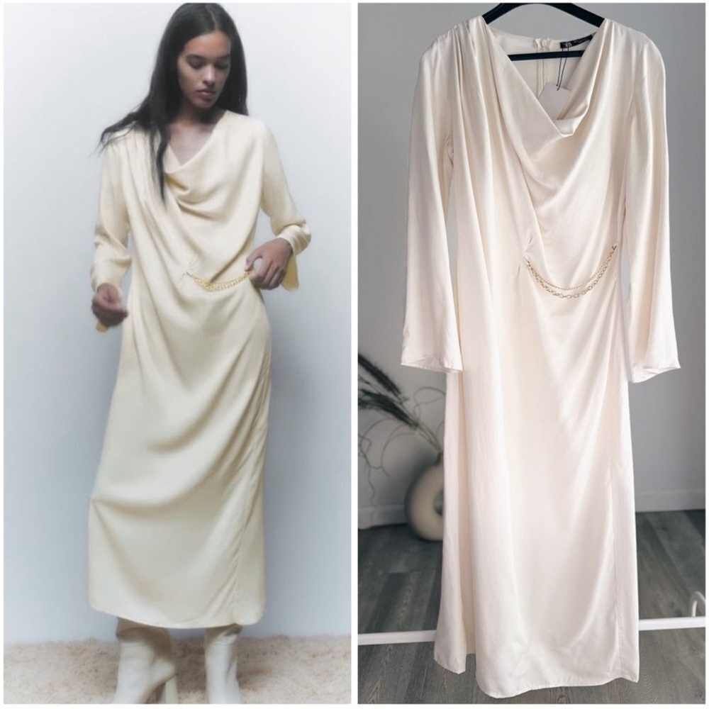 Zara Satin Effect Dress Chain Trim Midi Ecru